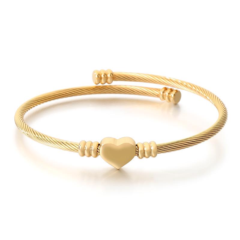 European American Heart-Shaped Open Stainless Steel Bracelet - Silk Rope Cable Wire Design for Women