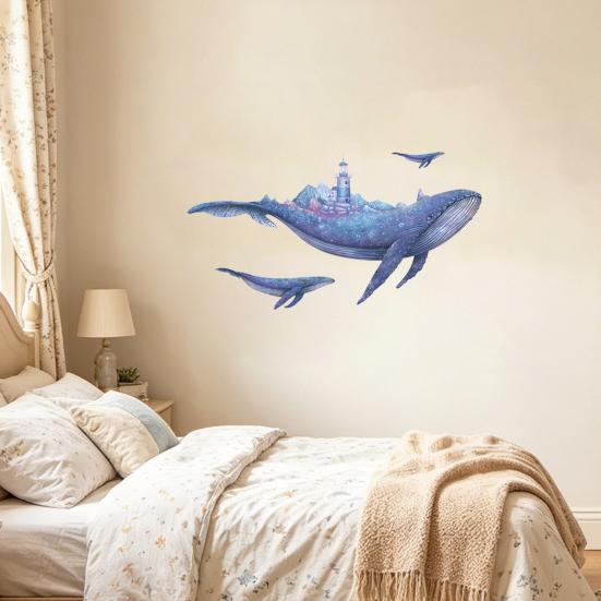 Blue Whale Wall Stickers, Waterproof PVC Wall Decals with Lighthouse And Stars, Peel And Stick Removable Marine Life Decals for Living Room Bedroom