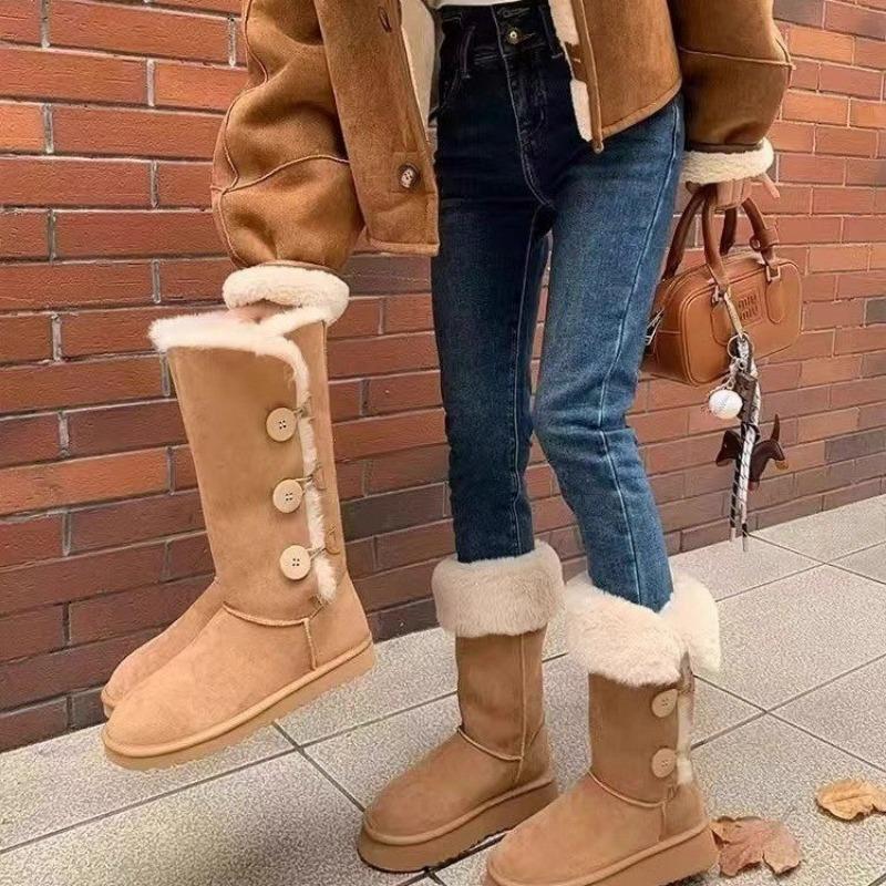 2024 Ladies Shoes Mid-Calf Women's Boots Warm Snow Boots Women Buttons Round Toe Flat with Platform Slip on Outdoor Shoes Female