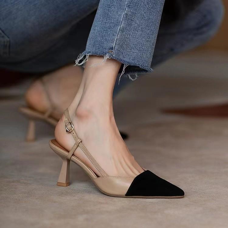 2025 summer new bag head sandals French color matching small fragrant style pointed high heels one-word buckle sandals stiletto