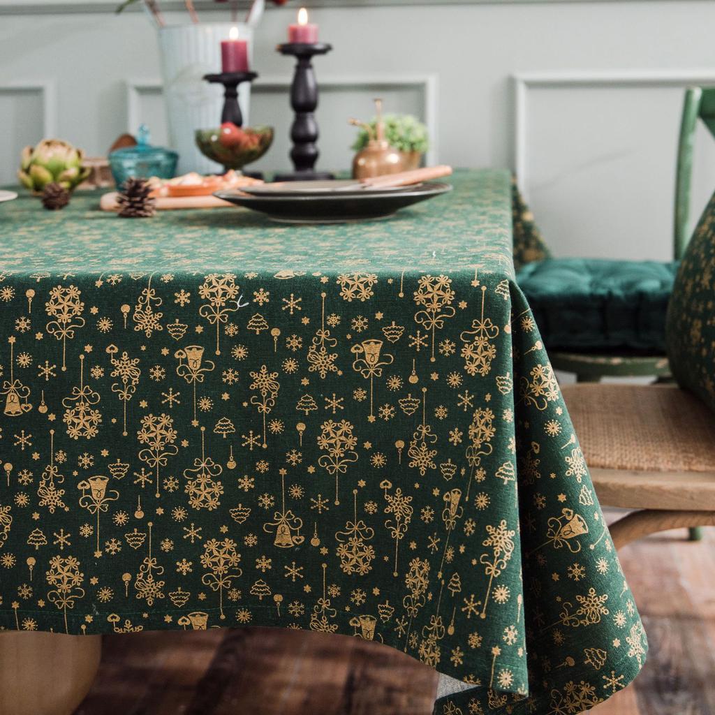 Christmas Green Bronzing Tablecloth Wind Chime Printed Cotton and Linen Festive Table Cloth Cover Rectangular