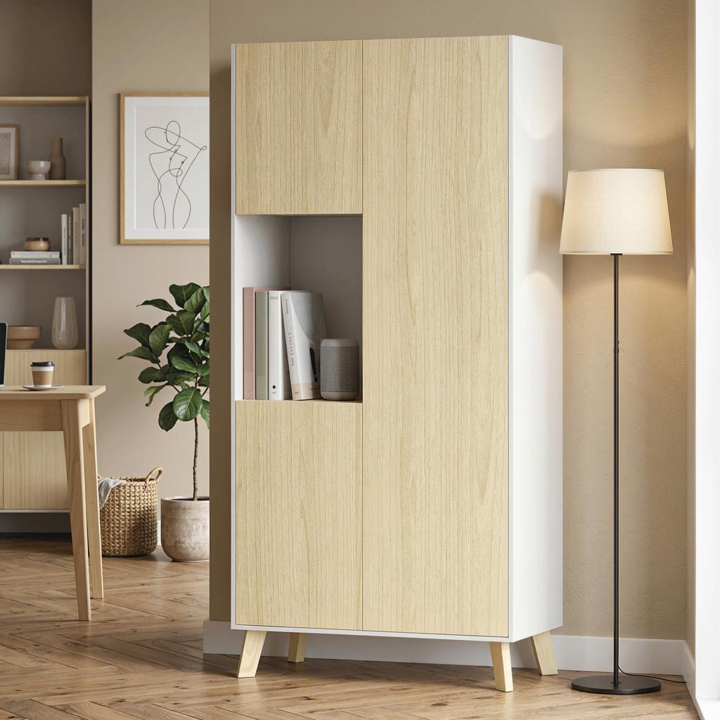 170 cm Kitchen Cabinet, Modern Cabinet with Open Compartment, Adjustable Shelves, Natural Wood Look