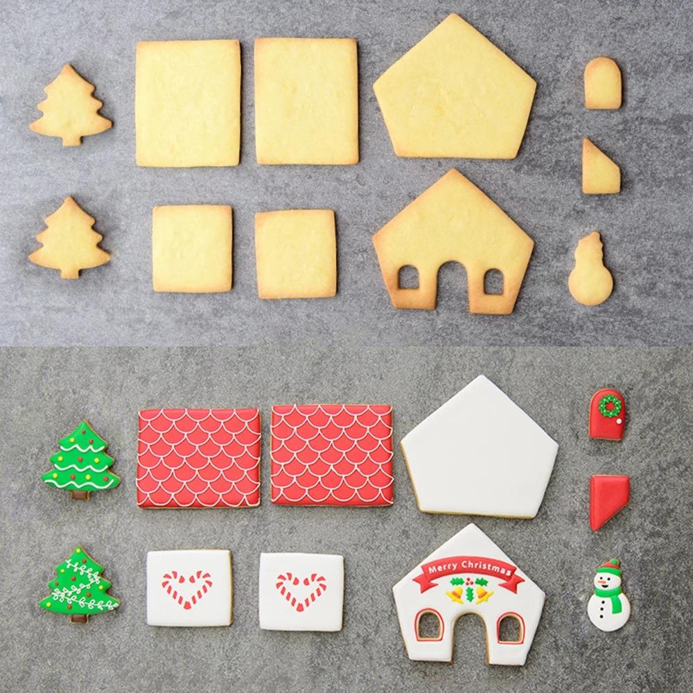 8pcs/set 3D Cookie Cutter Set DIY Biscuit Mold Cartoon Plastic Gingerbread House Mould Chrismas