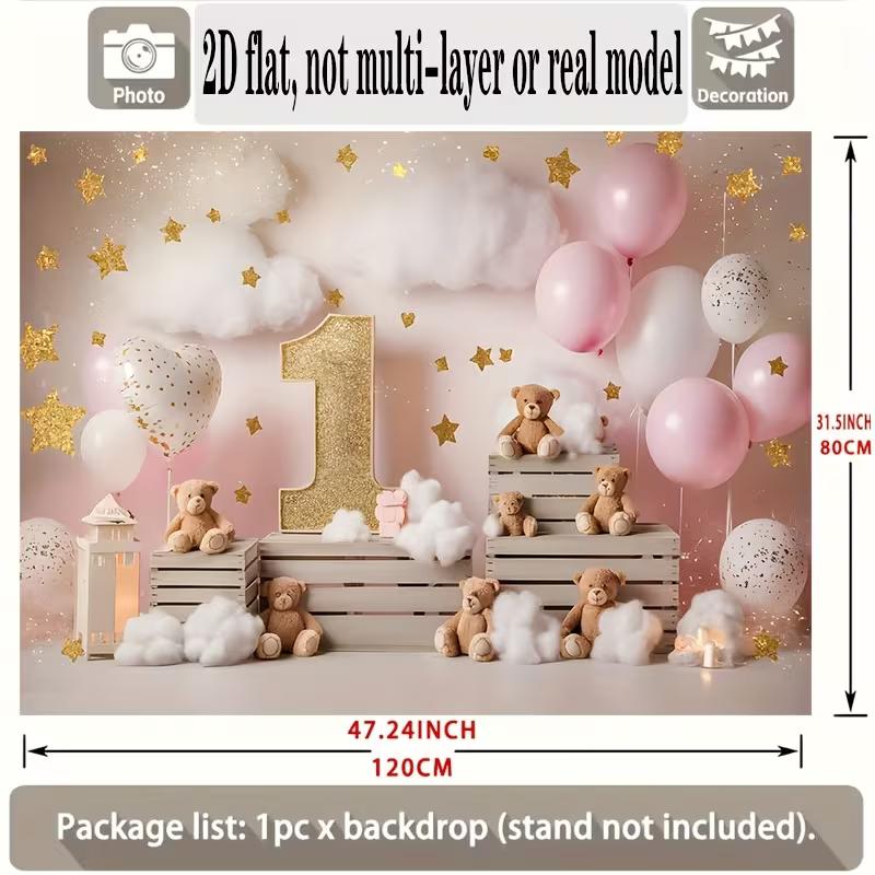 2D Pink 1st Birthday Backdrop with Teddy Bears & Stars for Baby Girl Photography Background