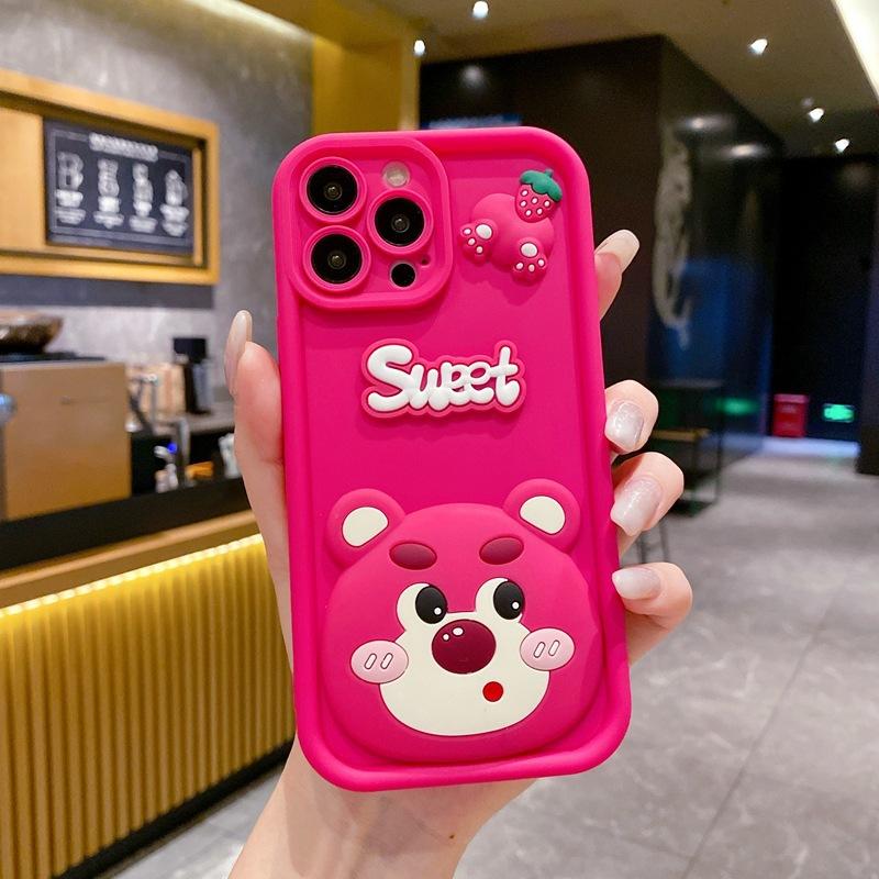 Applicable to Apple 15promax mobile phone case cute sweet strawberry bear iPhone16 women's 12 three-dimensional cartoon
