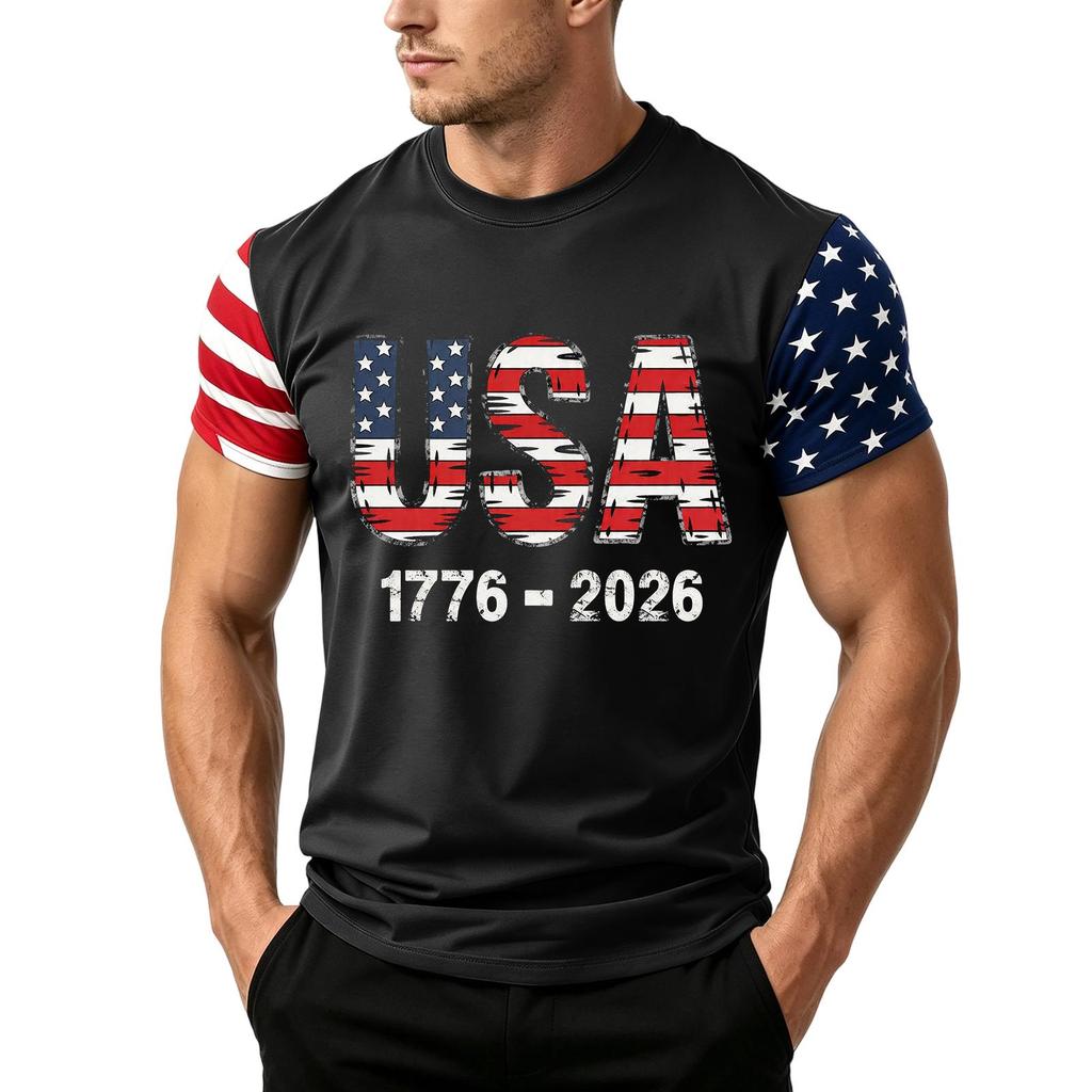 Men's Loose Fit Short Sleeve T Shirt USA Flag Print Casual Summer Daily Wear Crew Neck Top for Outdoor Activities