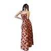 Women's Elegant French Floral Pleated Strappy Dress - Summer High Waist A-line Long Skirt