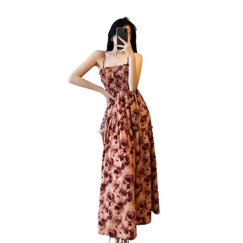 Women's Elegant French Floral Pleated Strappy Dress - Summer High Waist A-line Long Skirt