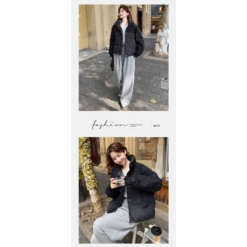 Women Stand Collar Short Spliced Windproof Padded Coat Warm Winter Casual Outerwear