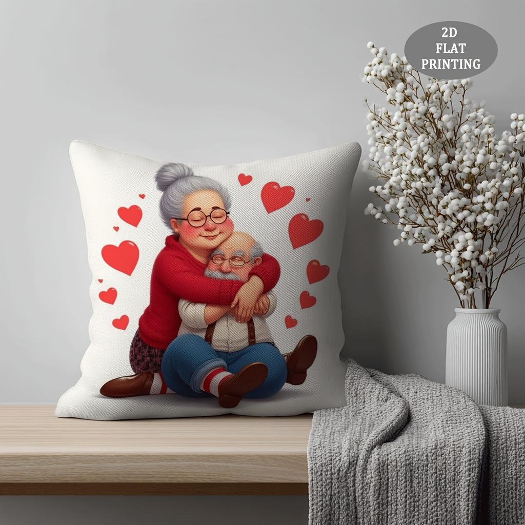 1pc Large Elderly Couple Embracing Love Design Throw Pillow Cover - Soft Plush Cushion Cover Suitable for Sofa Bed Chair
