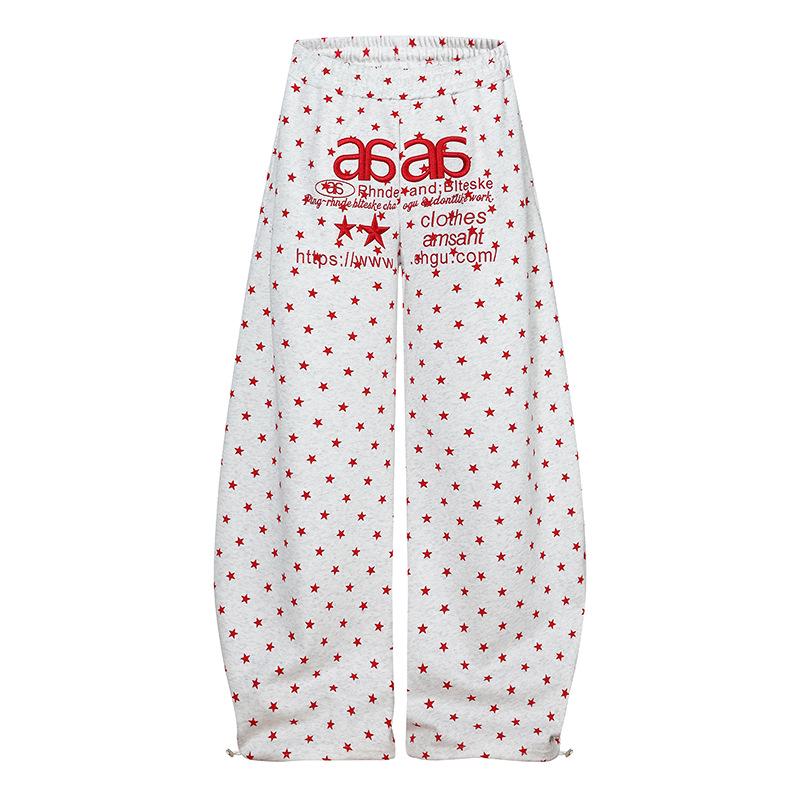 American Trendy Unisex Star Print Wide-Leg Pants with Embroidered Letter Design