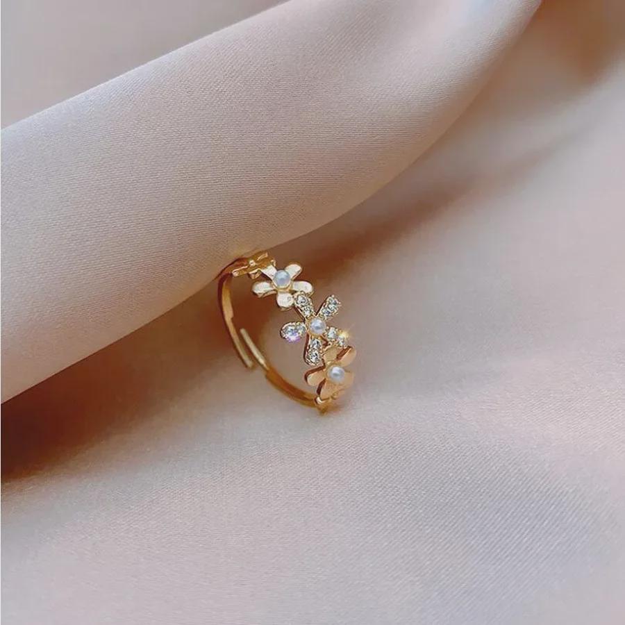 Feiyu Elegant Pearl Flower Zircon Ring – Gold Open Design for Women