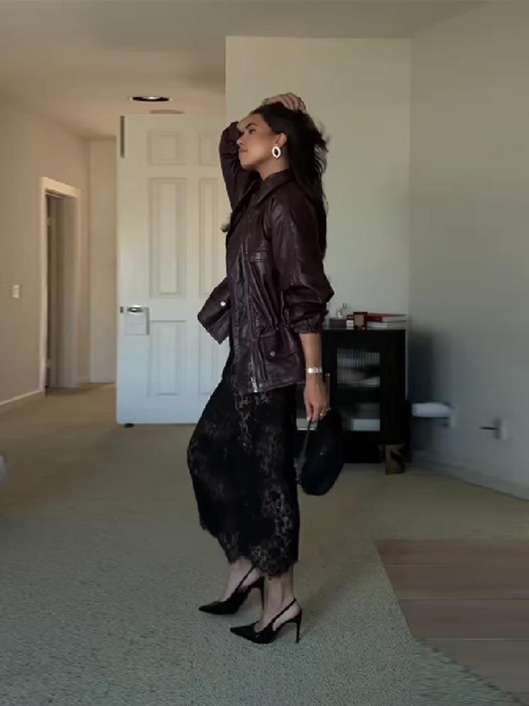 2025 Summer Women's Fashion: Versatile High Neck Long Sleeve Leather Jacket with Adjustable Waist