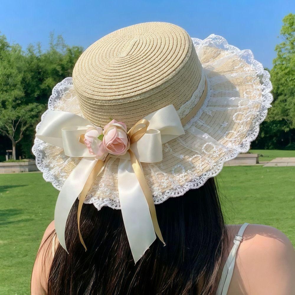 Breathable Lace Sunshade Cap Butterfly Knot Straw Beach Hat Fashion Summer Sun Hat Outdoor