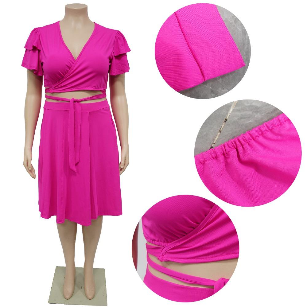 Comfortable Casual Flounce Sleeve Tie Waist Short Skirt Set with Pockets V Neck Plus Size Outfit