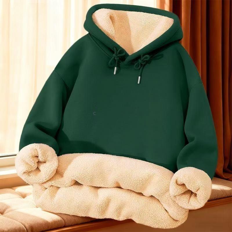 Men's Lambswool Fleece-Lined Hoodie: Solid Color Warm Loose-Fit Jacket for Autumn/Winter
