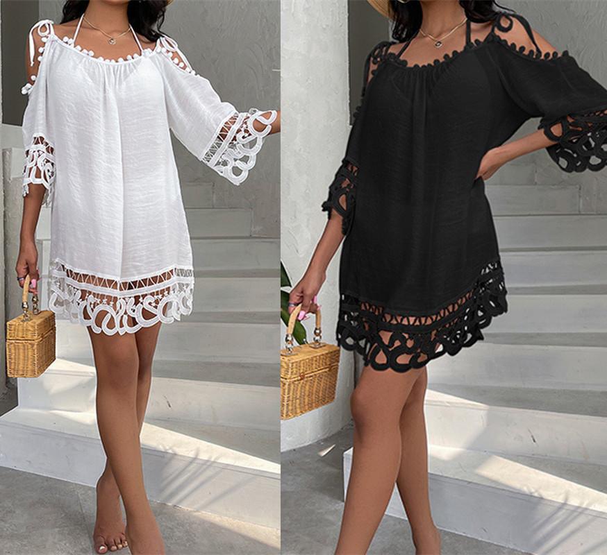 Spalline in pizzo traforato Copricostume da bagno con protezione solare in tinta unita alla moda sexy