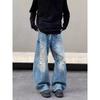 American retro wash embroidery dyed ripped jeans men's spring and autumn wide legs dirty pants trendy brand ruffian handsome straight scimitar pants