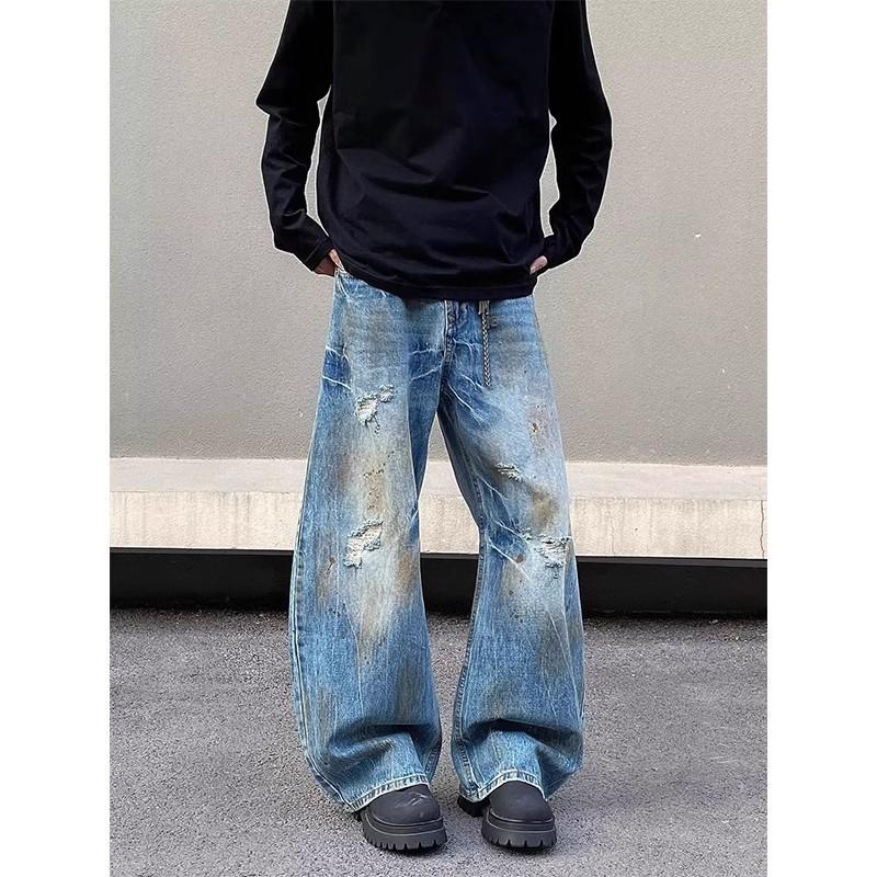 American retro wash embroidery dyed ripped jeans men's spring and autumn wide legs dirty pants trendy brand ruffian handsome straight scimitar pants