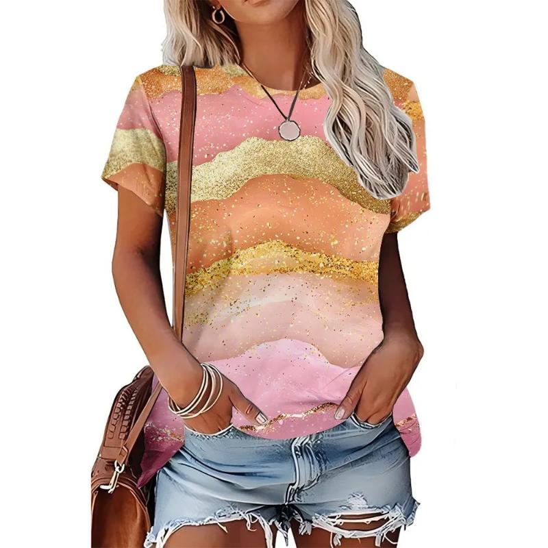 Modisches Damen Rundhals Kurzarm 3D Lässiges Farbprint Lässiges Kurzarm Rundhals T-Shirt
