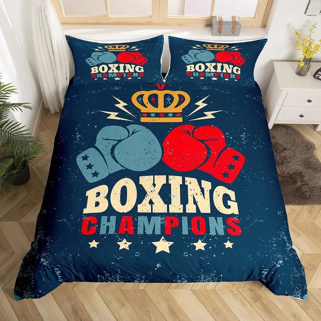 Boxing Sport Duvet Cover King Queen Golden Boxing Gloves Bedding Set Yellow Fire Print Comforter Cover Microfiber Quilt Cover