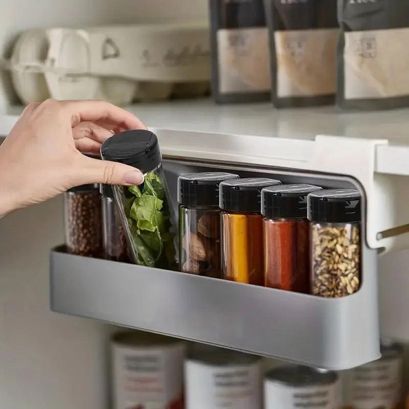 Punch-Free Hanging Seasoning Box Set: Multi-Functional Pull-Down Storage for MSG, Salt, and More.