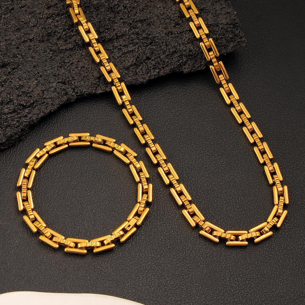 European Style 18K Gold Titanium Steel Square Link Necklace & Bracelet Set