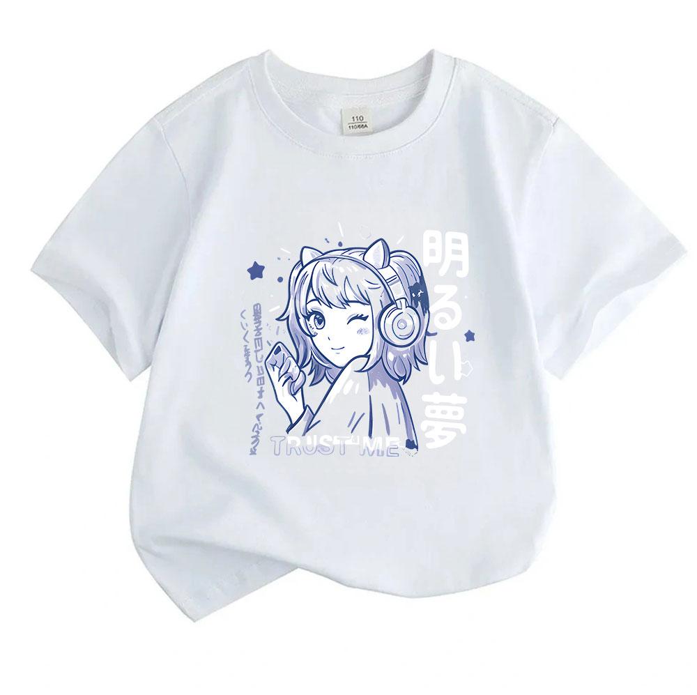 Kids Boys Girls 100% Cotton Crew Neck Short Sleeve T-Shirt, Cute Anime Girl With Headphones Graphic Casual Comfortable Tee For Daily Play, Soft Breath