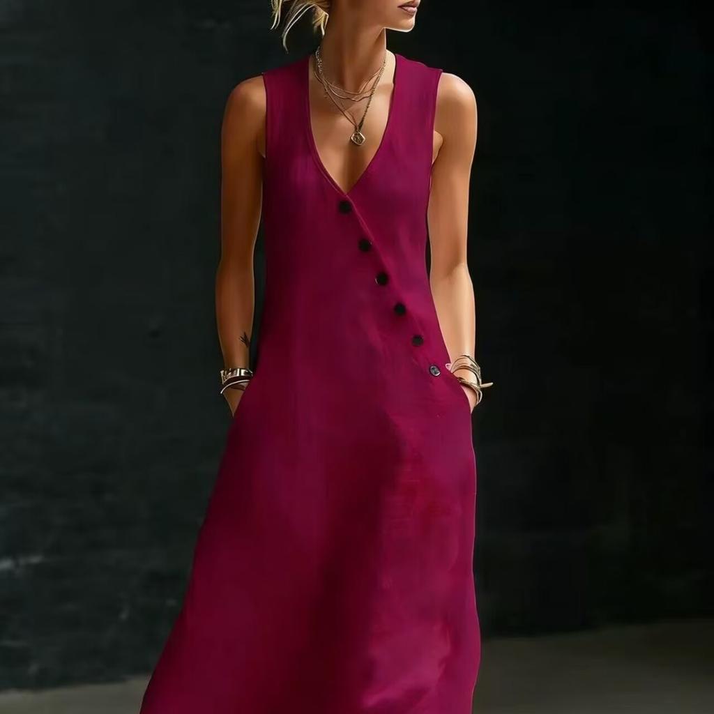 Light Blue Sleeveless V-Neck Button Front Maxi Dress with Side Pockets