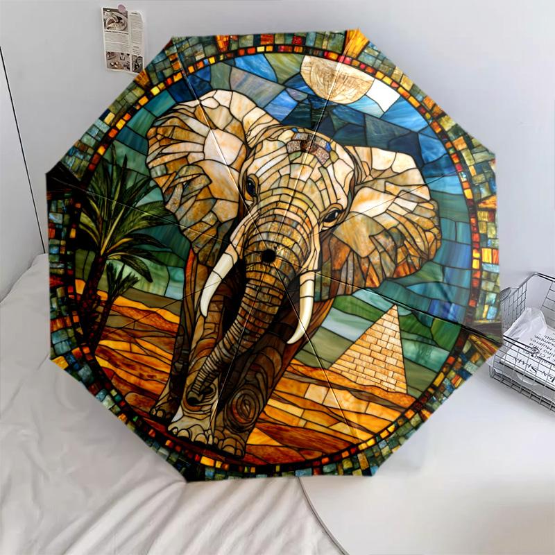 0106 Parasol automatycznie składany, wzór Słoń w oknie szklanym, przenośny i składany design, 8 żeber, prezent na Boże Narodzenie lub urodziny.