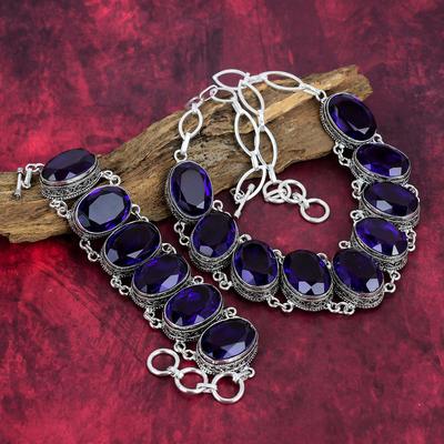 Bracciale in zaffiro blu, collana di pietre preziose fatta a mano, set di gioielli in argento sterling massiccio 925 con bracciale e collana antichi per regalo di fidanzamento