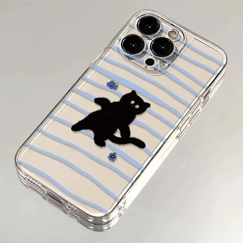 

Black Cat Blue Stripe Flower Pattern Phone Case for iPhone 17 16 15 14 13 12 11 16E Series Pro Max Plus Double Layer Protection iphone 11 ProMax