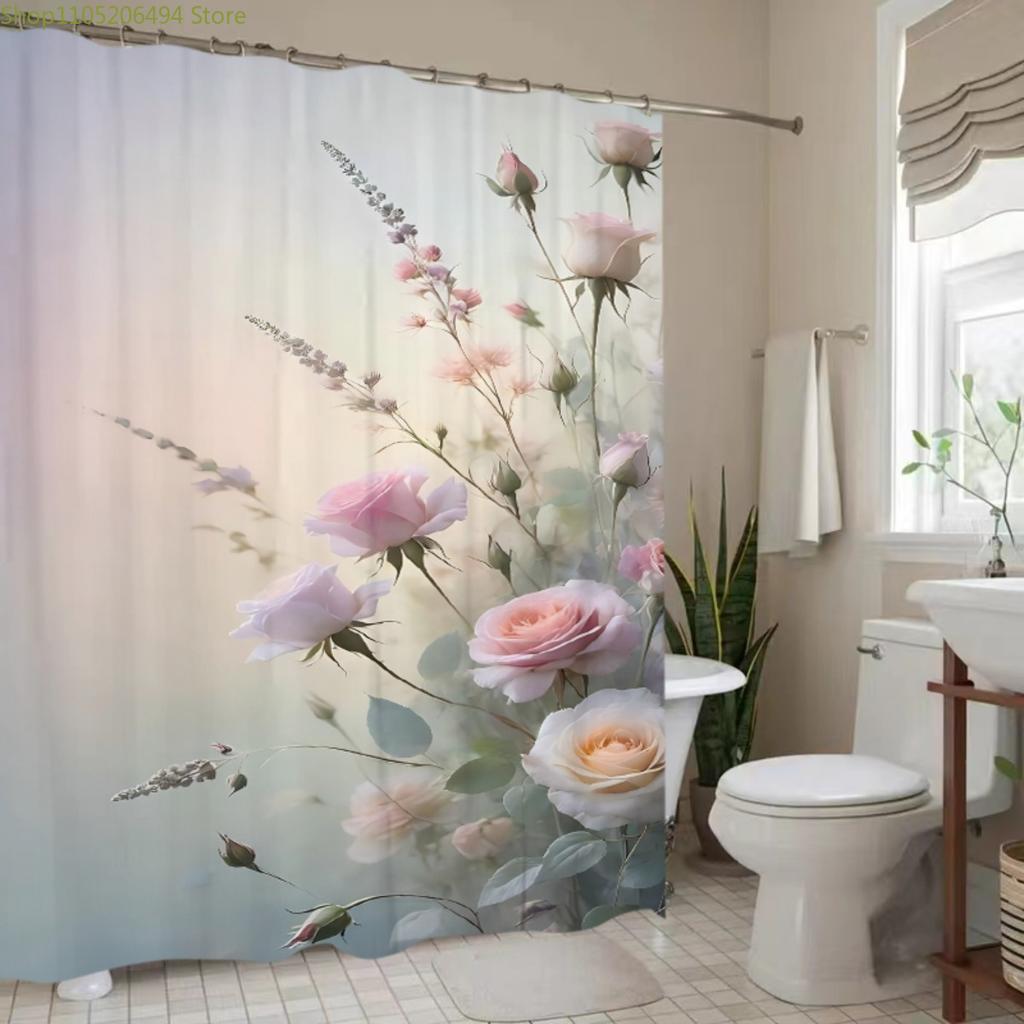 1 Stück Weiche Pastellrosa Florale Polyester Duschvorhang - Waschbar, Aufhängen ohne Bohren, Maschinenwaschbare Badezimmerdeko mit Lebhaftem Pi