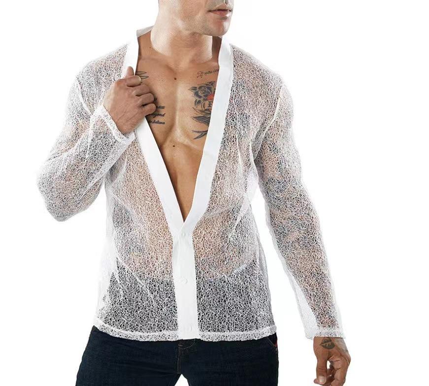 

2026 Summer Men s Solid Color Mesh Cardigan Long Sleeve POLO S белый