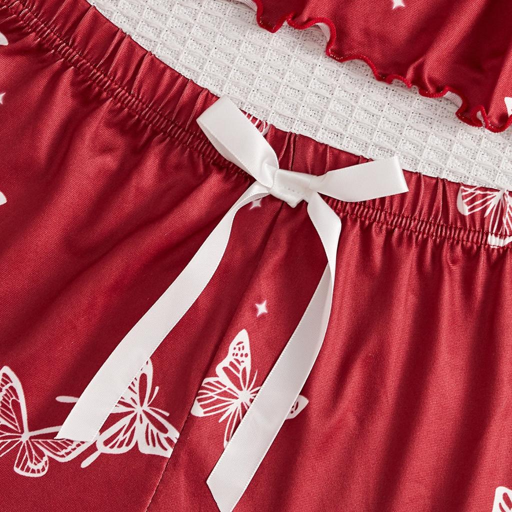 Silky Skin-friendly, Sweet and Cute Butterfly Print, Sexy and Attractive Suspender Nightdress Two-piece Set