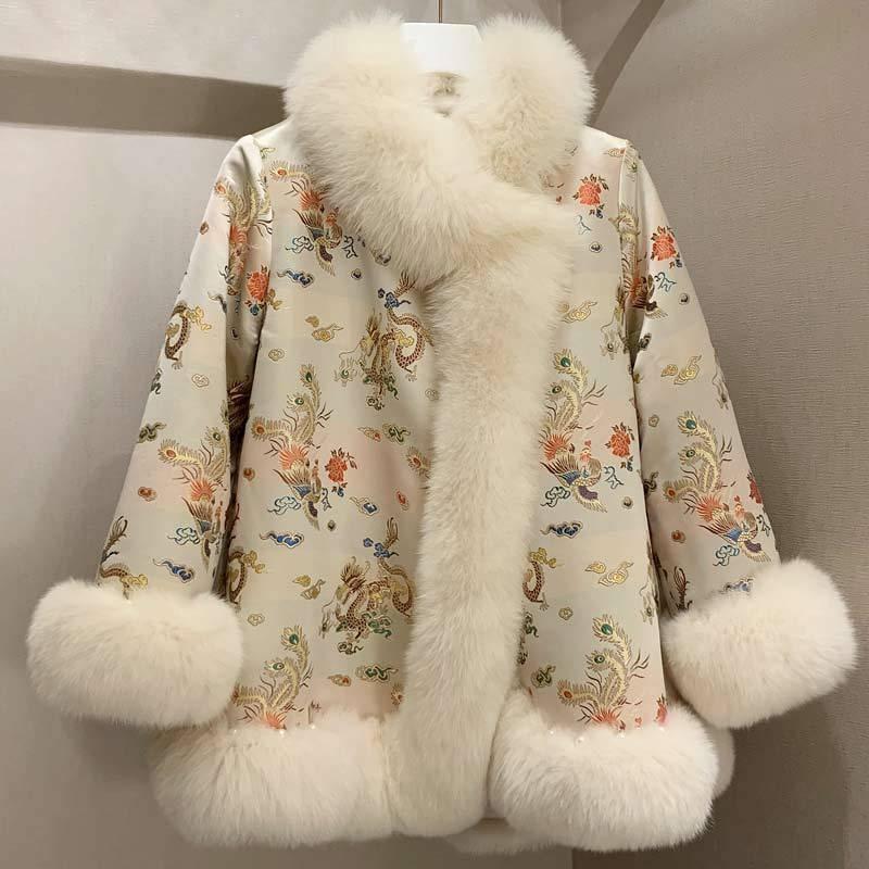 

Куртка из искусственного меха лисы средней длины, женская, придворная, знаменитость, атласный костюм Тан, средней длины, с пухом и бусинами XL