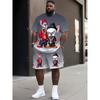Men's Hip Hop Cartoon Character Printed Short Sleeve Set with Grey and White Gradient Design for Summer Clothing