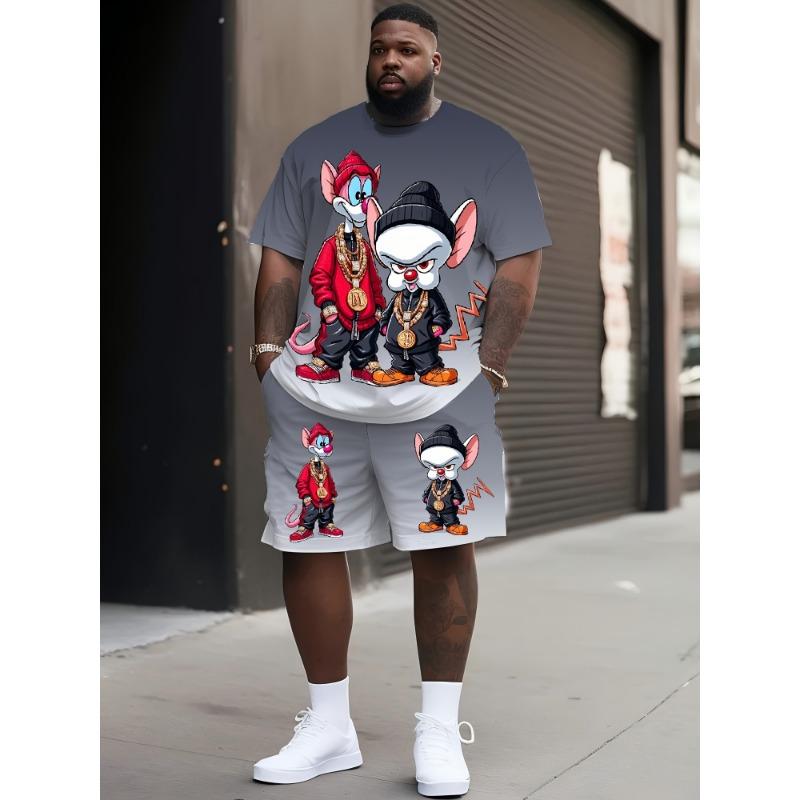 

Men s Hip Hop Cartoon Character Printed Short Sleeve Set with Grey and White Gradient Design for Summer Clothing 5XL