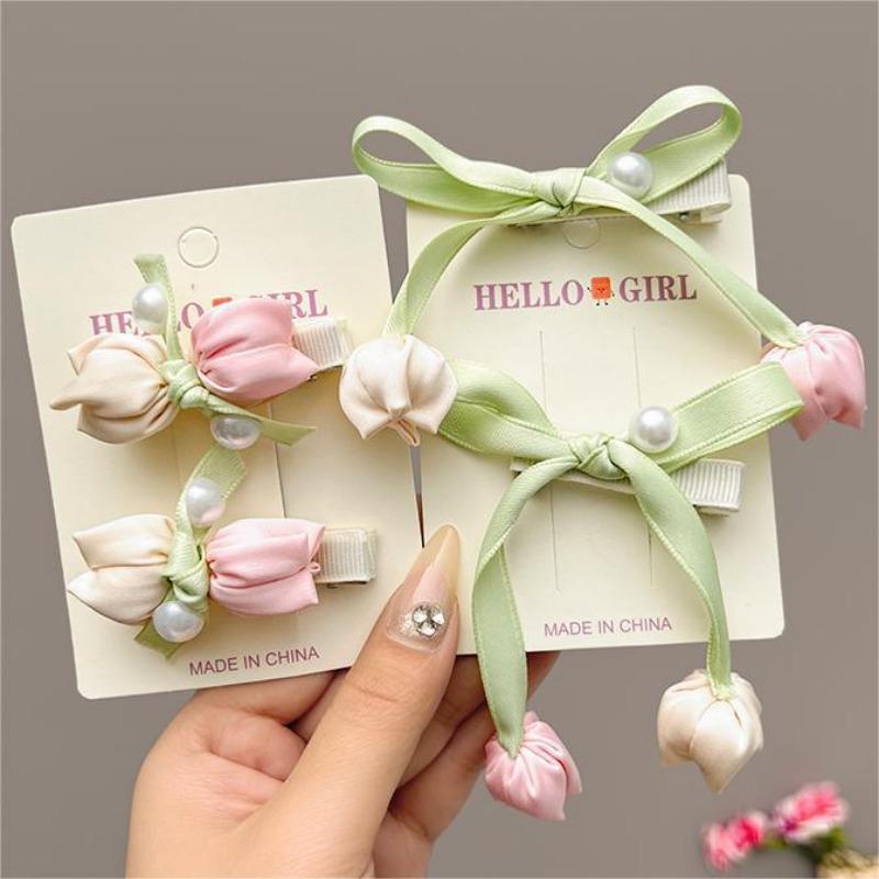 4PCS Korean Hair Accessories Sweet Pink Tulip Flower Clip Pearl Bow Duckbill High-end Fabric Elegant Casual Girl's Headwear 2025 New