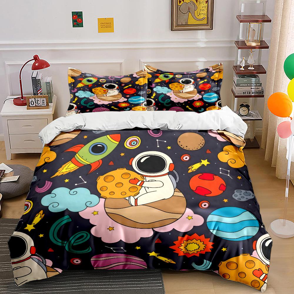 Cartoon Space Scene Astronaut Planets Bedding Set For Kids Luxury Gift 3Pcs Digital Print Comforter Set Soft Comfortable