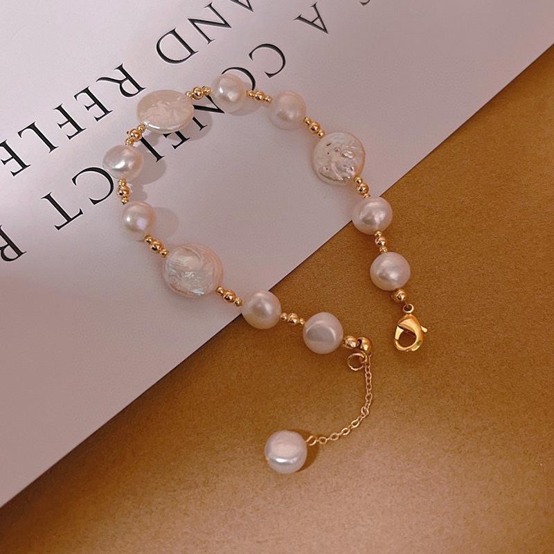 Fashion Simple Freshwater Pearl 14K Gold Plated Beaded Geometric Women's Trendy Party Bracelet HUIXUN
