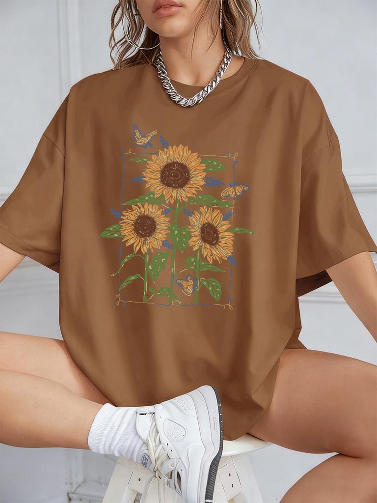 Sunflower Oil Printing Prints TShirts Womens Summer Cotton Short Sleeve T Shirt Loose ONeck Comfortable Tops Casual Clothes