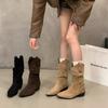 Coarse Heel Khaki Suede Stacking Boots Medium Tube Knight Boots Women's Boots 2025 Autumn and Winter Pointed Head~ V Mouth Thin Boots