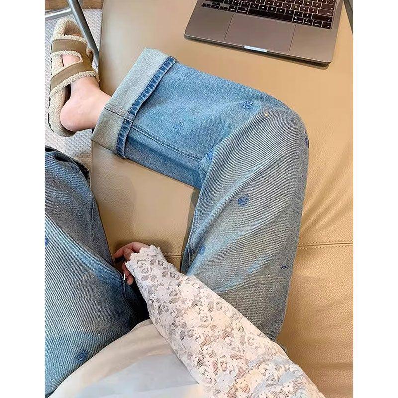 Women's Blue Rhinestone Embroidered Denim Wide-Leg Jeans - Plus Size, High Waist, Slimming, Casual, Versatile, Spring Collection.