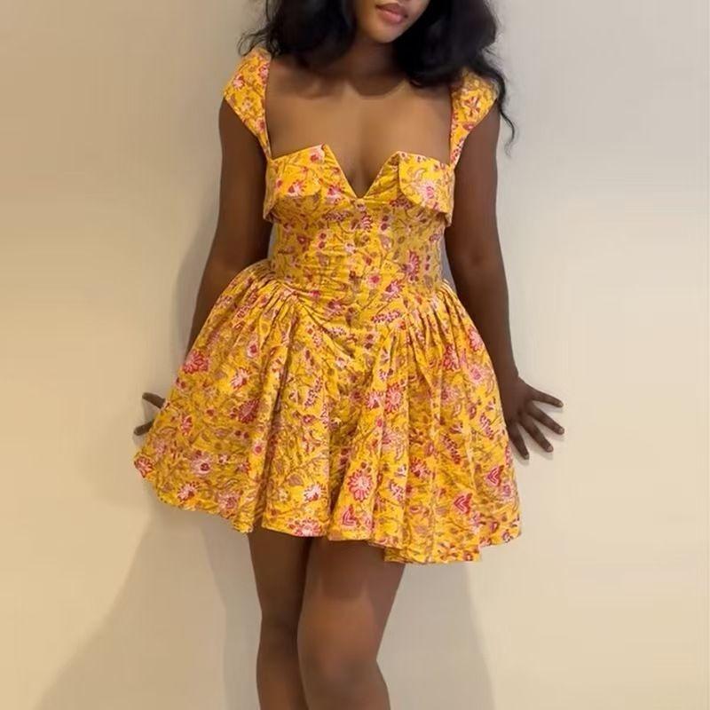 European and American New Elegant Square Collar Print High Waist A Word Dress Square Collar Printed Dress