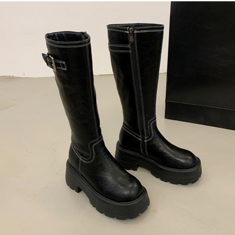

British style thick-heeled knight boots women s 2025 autumn new retro and thin versatile thick-soled belt buckle fashion boots 40 чёрный