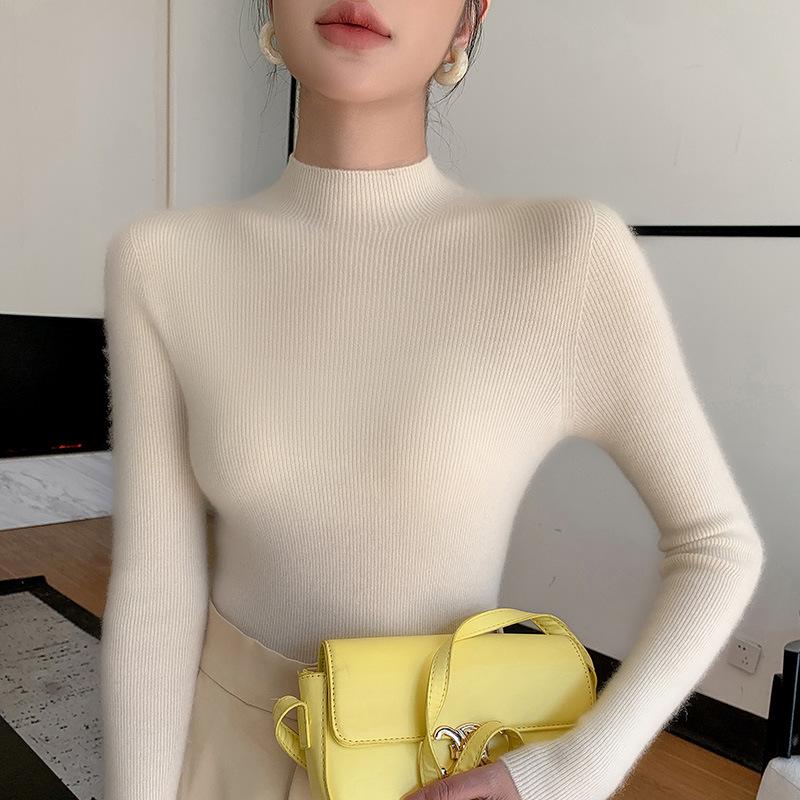 Women's Seamless Half-High Neck Knit Sweater: Versatile, Tight-Fitting Base Layer for Autumn and Winter