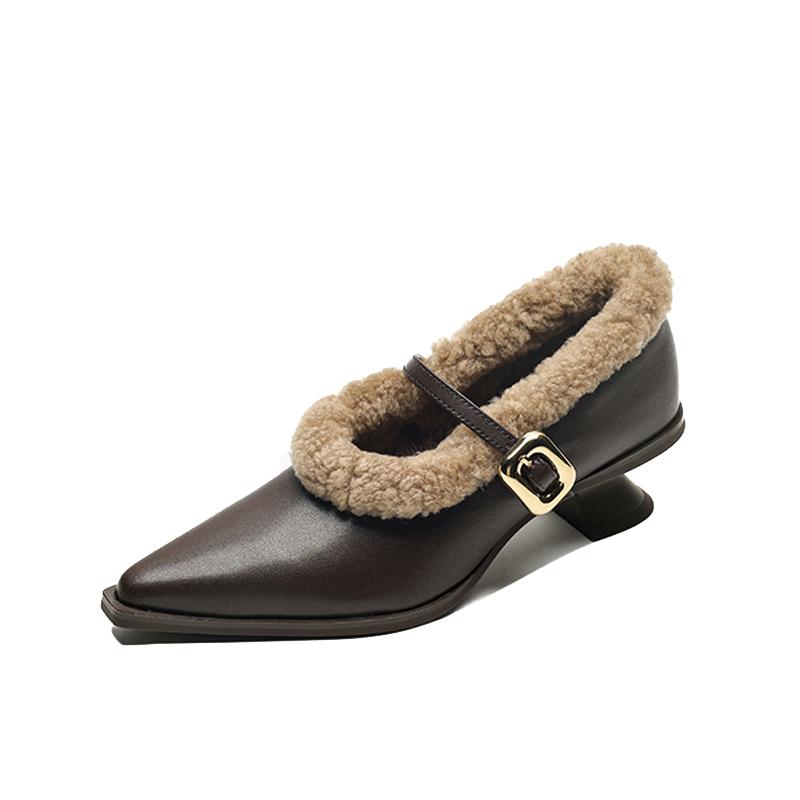 Fashion Elegant Metal Buckle Mary Janes Woman Chic  Brand Design Fur Low Heel Dress Shoes Ladies Winter Warm Plush Belt Pump Zapatos