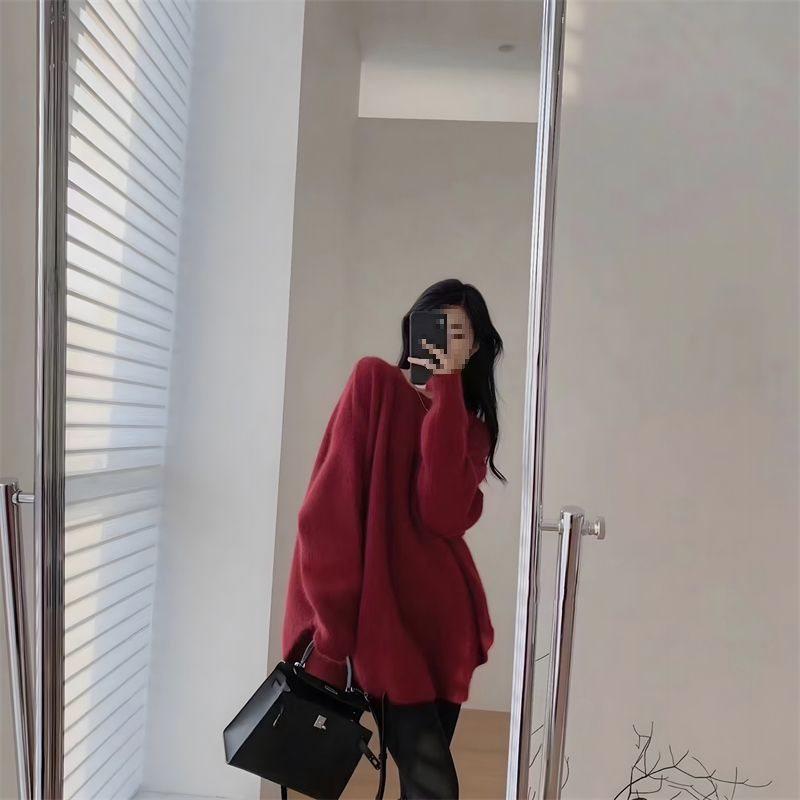 Women's Red Rabbit Year New Year Sweater - Autumn/Winter Knitted Top