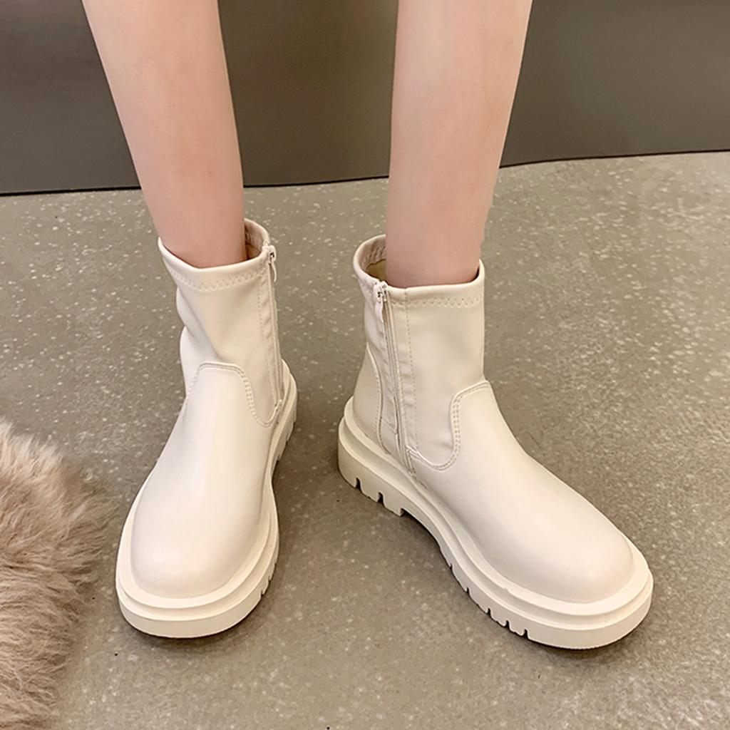 Fashion Women Artificial Leather Solid Color Thick Sole Flat Zipper Short Booties Round Toe Shoes Boots for Women